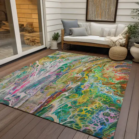 Green Gold And White Abstract Washable Indoor Outdoor Area Rug Photo 9