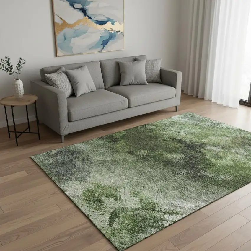 Green Gray And Charcoal Abstract Washable Area Rug With UV Protection Photo 2