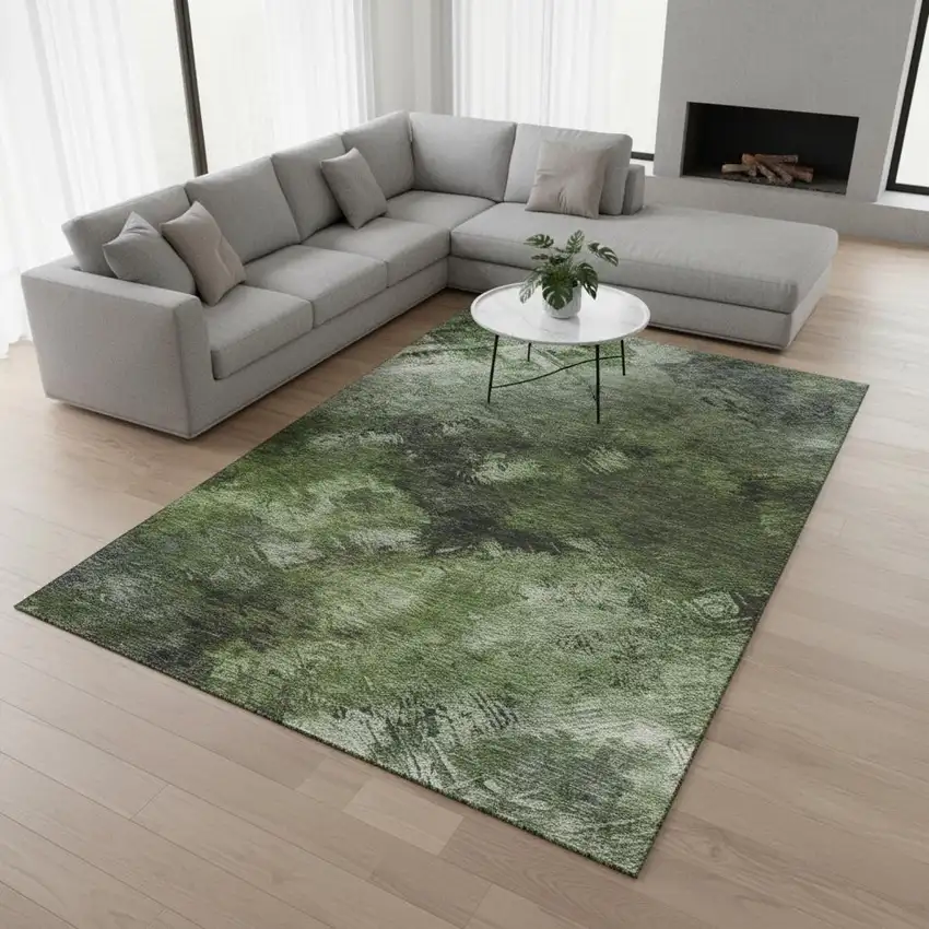 Green Gray And Charcoal Abstract Washable Area Rug With UV Protection Photo 2