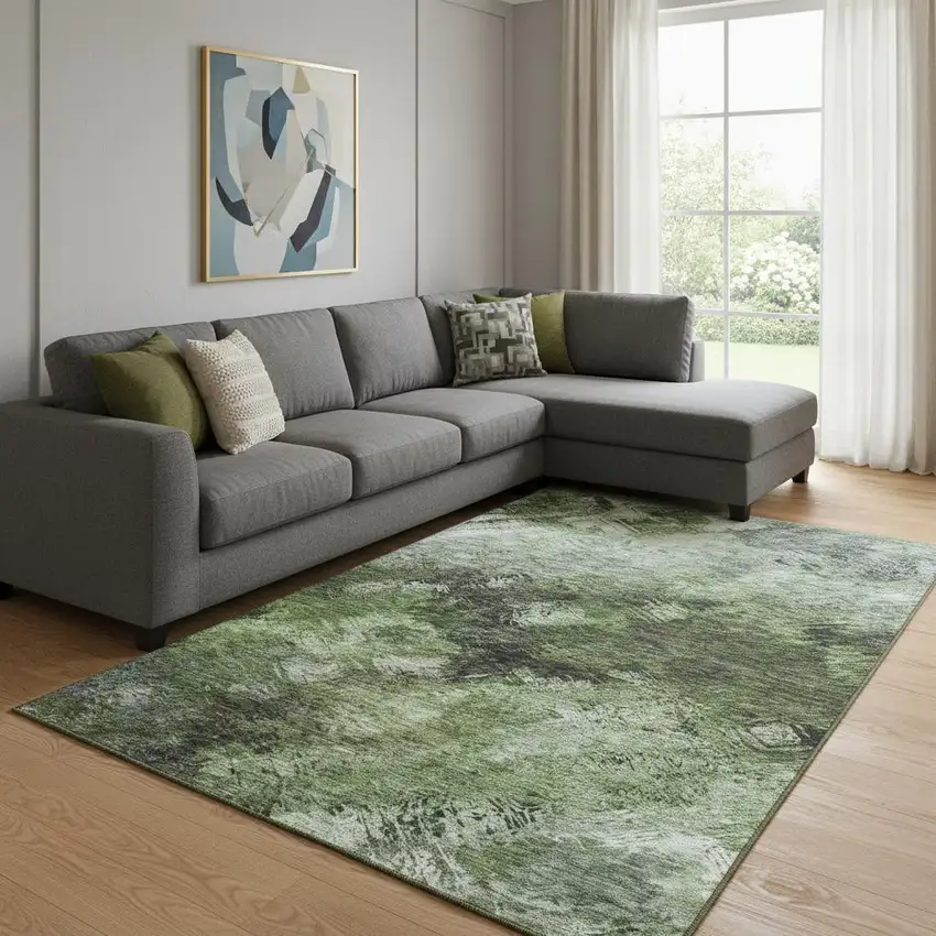 Green Gray And Charcoal Abstract Washable Area Rug With UV Protection Photo 1