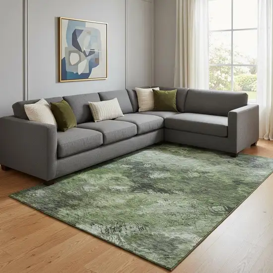 Green Gray And Charcoal Abstract Washable Area Rug With UV Protection Photo 1