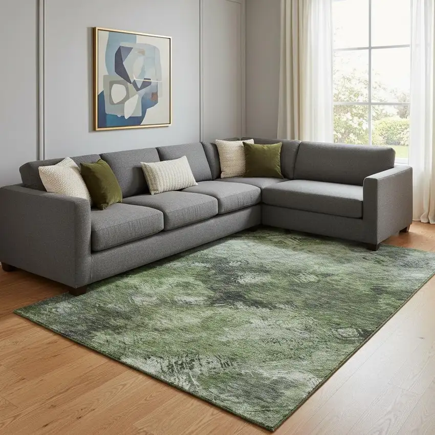 Green Gray And Charcoal Abstract Washable Area Rug With UV Protection Photo 1