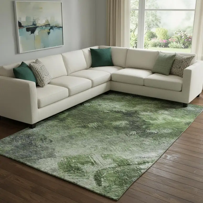 Green Gray And Charcoal Abstract Washable Area Rug With UV Protection Photo 1