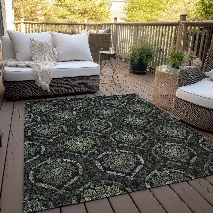 Green Gray And Charcoal Medallion Washable Indoor Outdoor Area Rug Photo 7