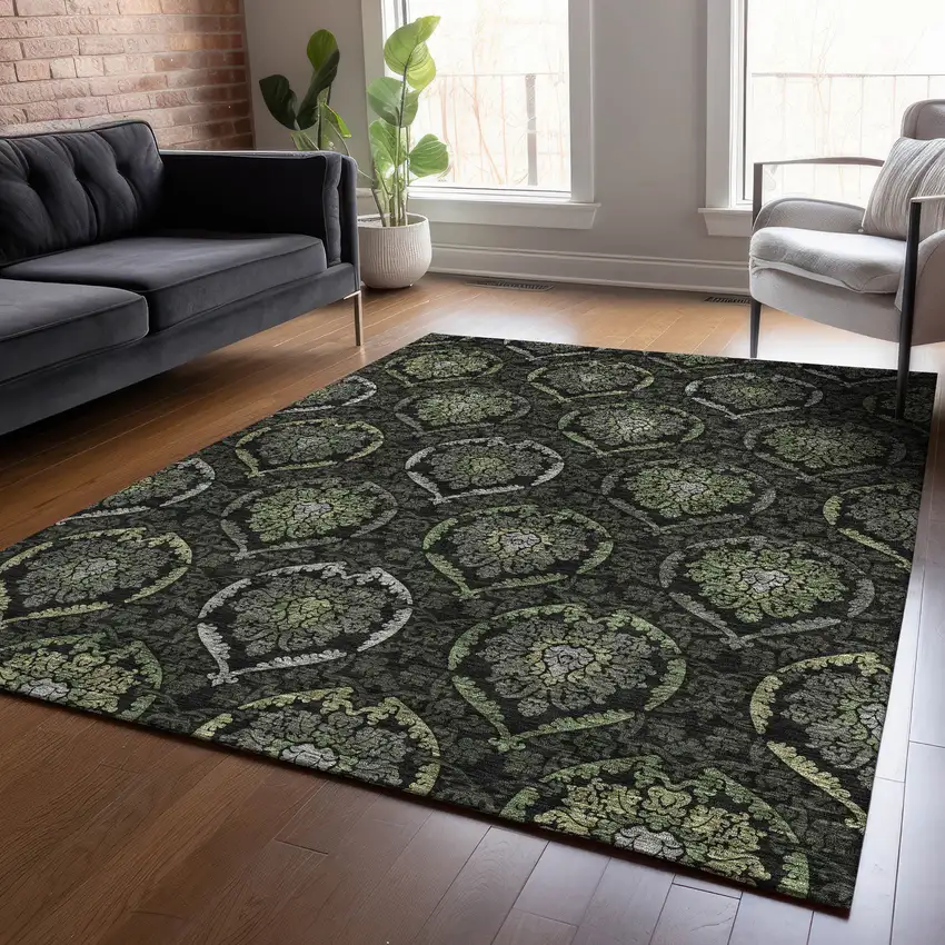 Green Gray And Charcoal Medallion Washable Indoor Outdoor Area Rug Photo 8