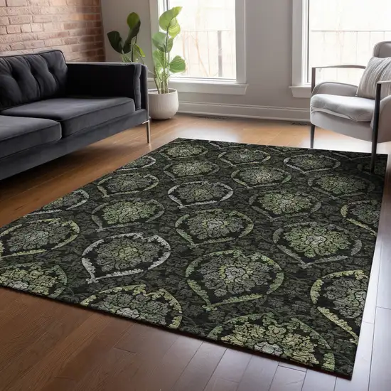 Green Gray And Charcoal Medallion Washable Indoor Outdoor Area Rug Photo 8