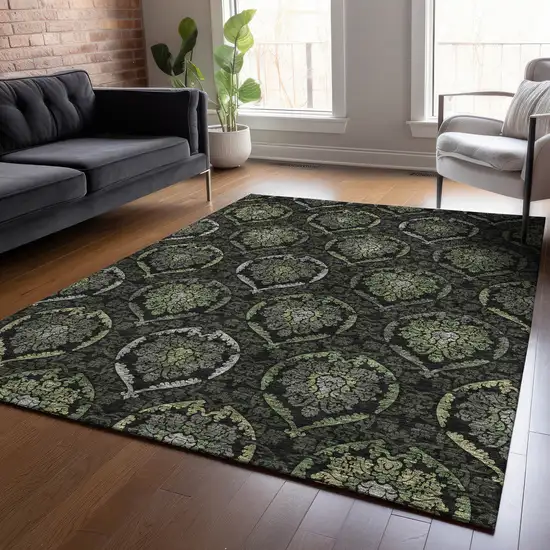 Green Gray And Charcoal Medallion Washable Indoor Outdoor Area Rug Photo 8