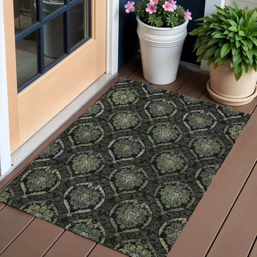 Green Gray And Charcoal Medallion Washable Indoor Outdoor Area Rug Photo 1