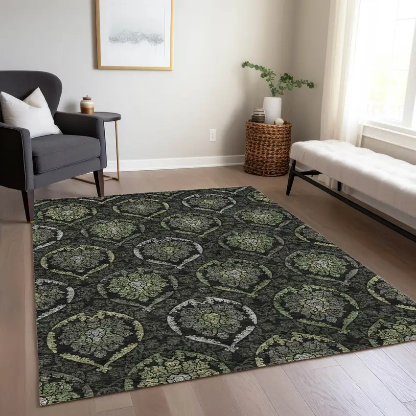 Green Gray And Charcoal Medallion Washable Indoor Outdoor Area Rug Photo 9
