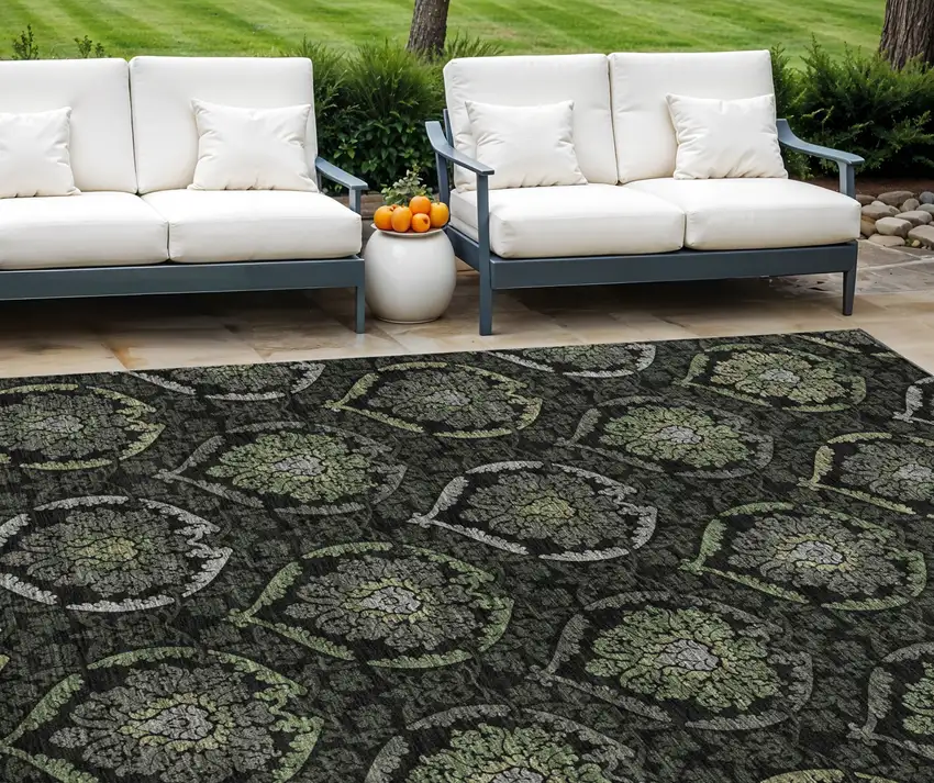 Green Gray And Charcoal Medallion Washable Indoor Outdoor Area Rug Photo 1