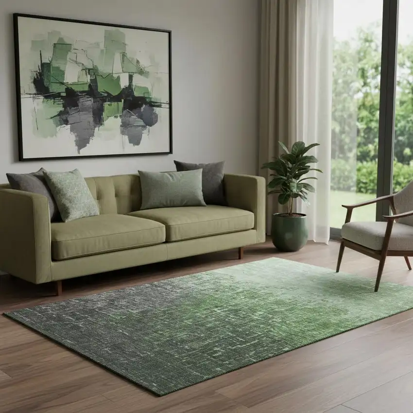 Green Gray And Charcoal Ombre Washable Area Rug With UV Protection Photo 2