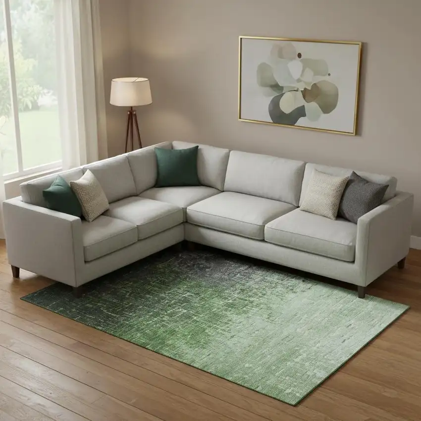 Green Gray And Charcoal Ombre Washable Area Rug With UV Protection Photo 2