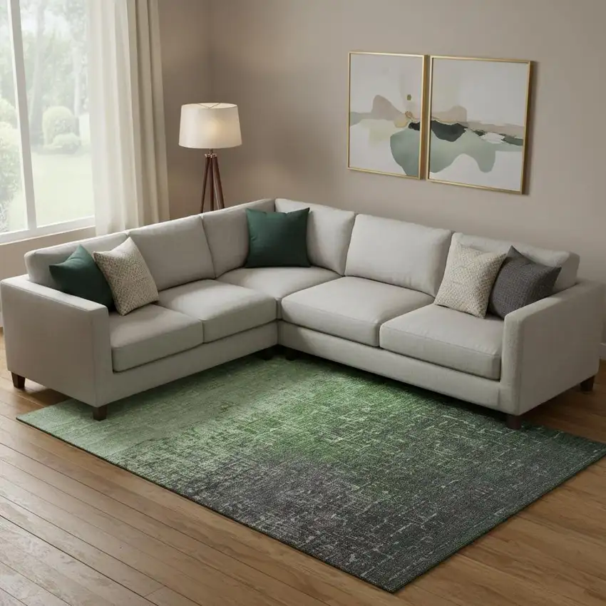 Green Gray And Charcoal Ombre Washable Area Rug With UV Protection Photo 2