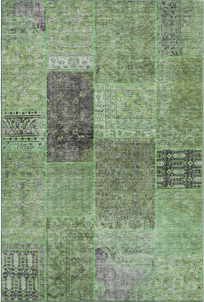Green Gray And Charcoal Patchwork Washable Area Rug With UV Protection Photo 1