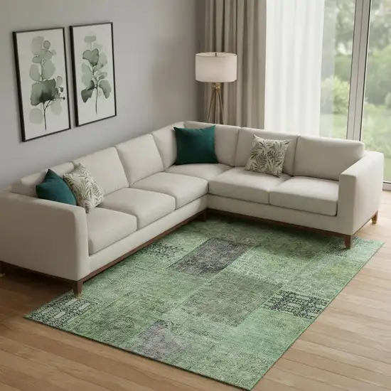 Green Gray And Charcoal Patchwork Washable Area Rug With UV Protection Photo 1