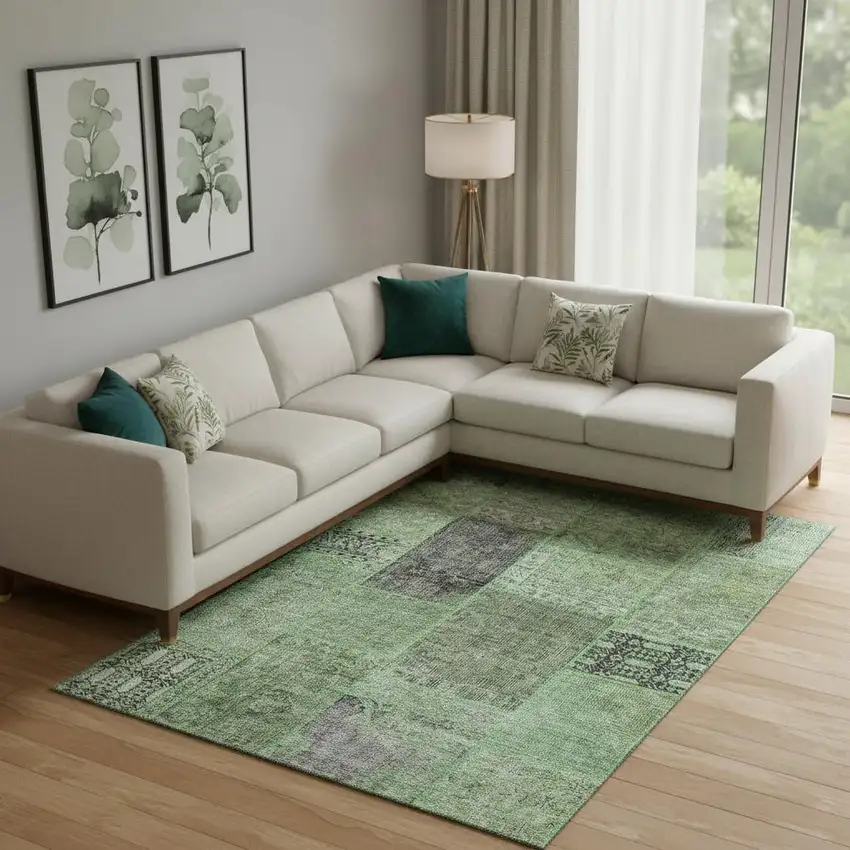 Green Gray And Charcoal Patchwork Washable Area Rug With UV Protection Photo 1