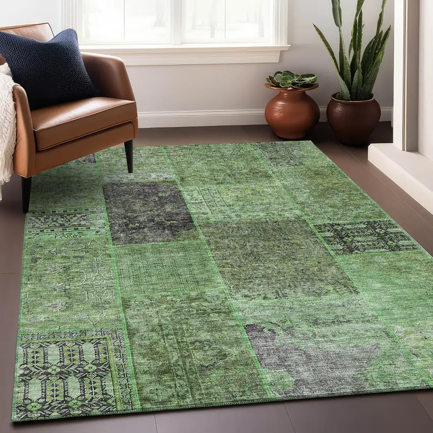 Green Gray And Charcoal Patchwork Washable Area Rug With UV Protection Photo 5