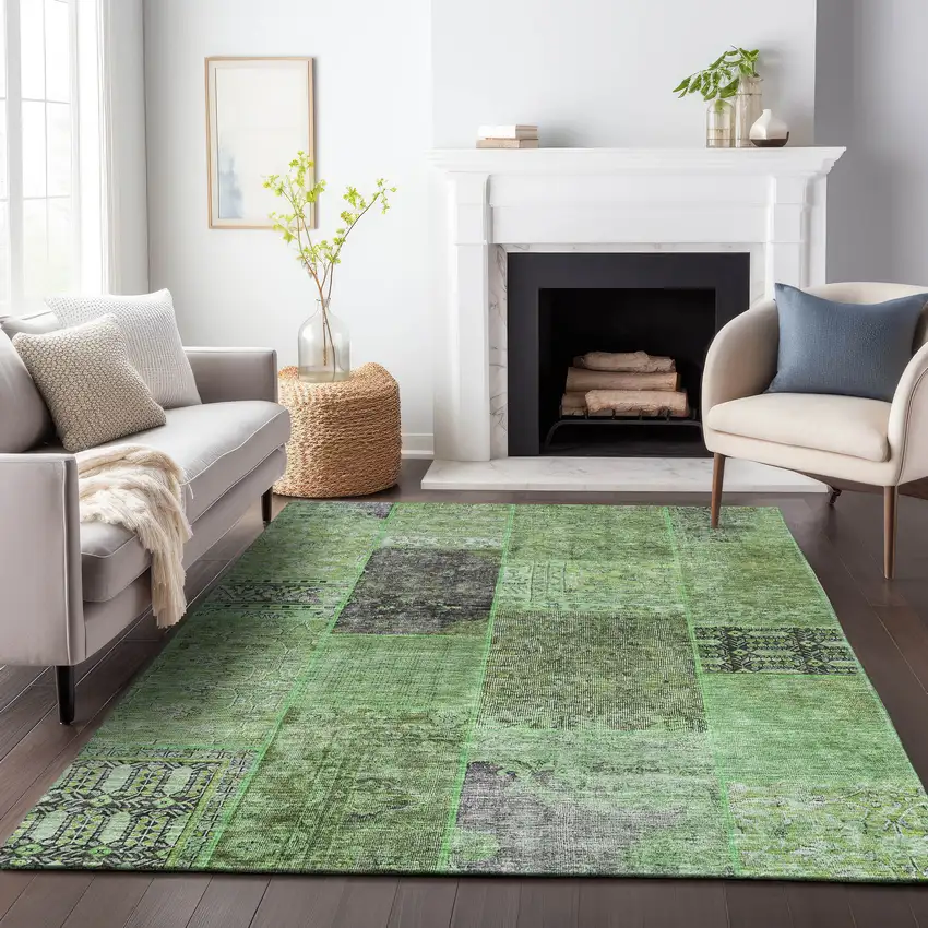 Green Gray And Charcoal Patchwork Washable Area Rug With UV Protection Photo 4