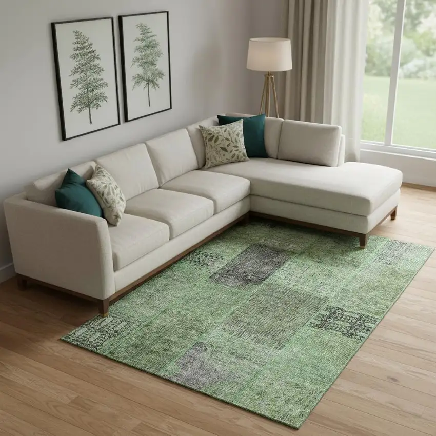 Green Gray And Charcoal Patchwork Washable Area Rug With UV Protection Photo 1