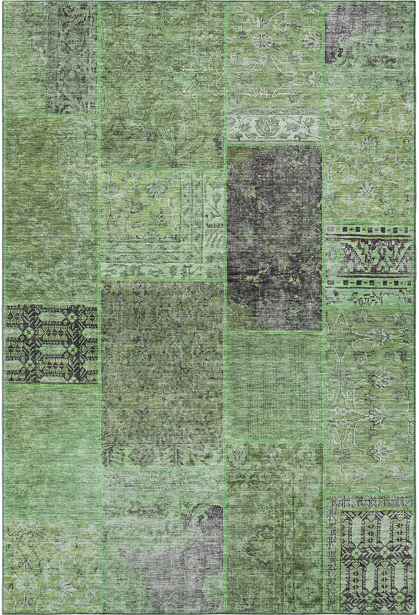 Green Gray And Charcoal Patchwork Washable Area Rug With UV Protection Photo 3
