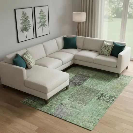 Green Gray And Charcoal Patchwork Washable Area Rug With UV Protection Photo 1