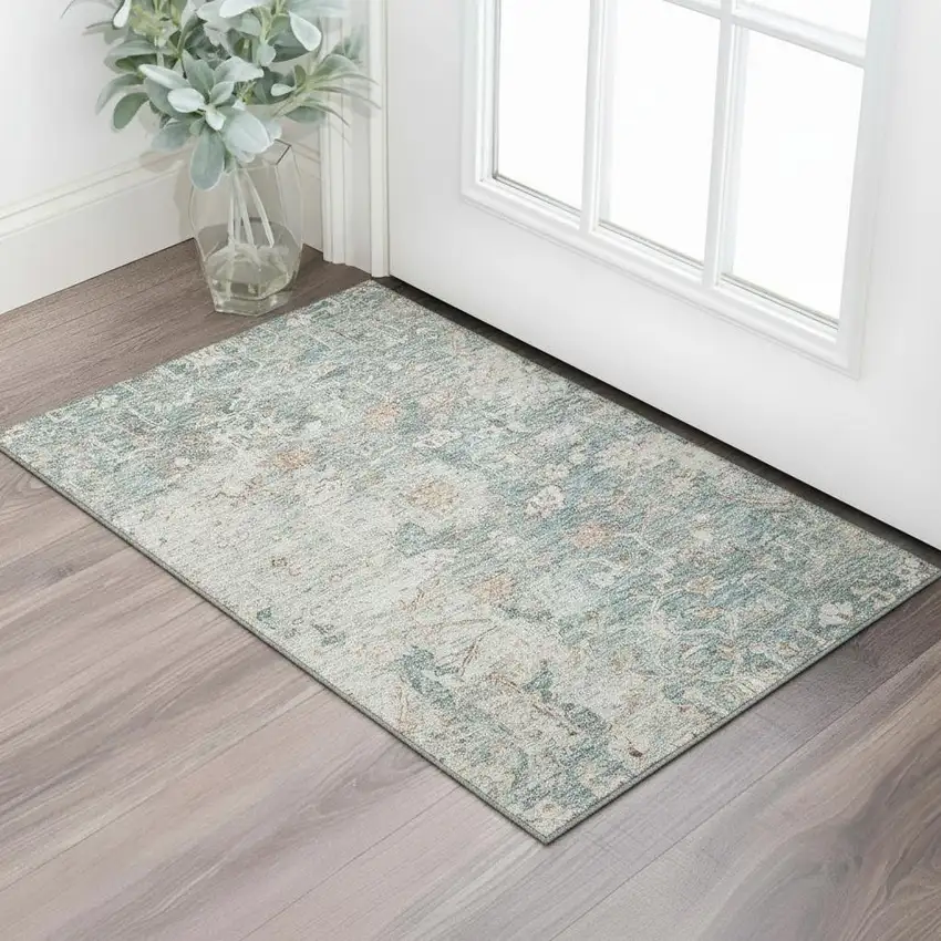 Green Gray And Copper Floral Washable Area Rug With UV Protection Photo 1