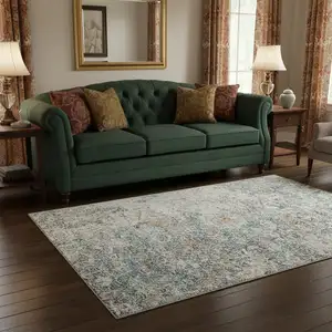 Photo of Green Gray And Copper Floral Washable Area Rug With UV Protection