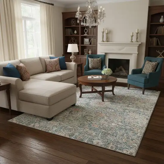 Green Gray And Copper Floral Washable Area Rug With UV Protection Photo 2