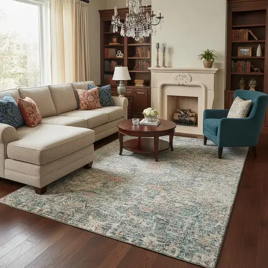 Green Gray And Copper Floral Washable Area Rug With UV Protection Photo 2