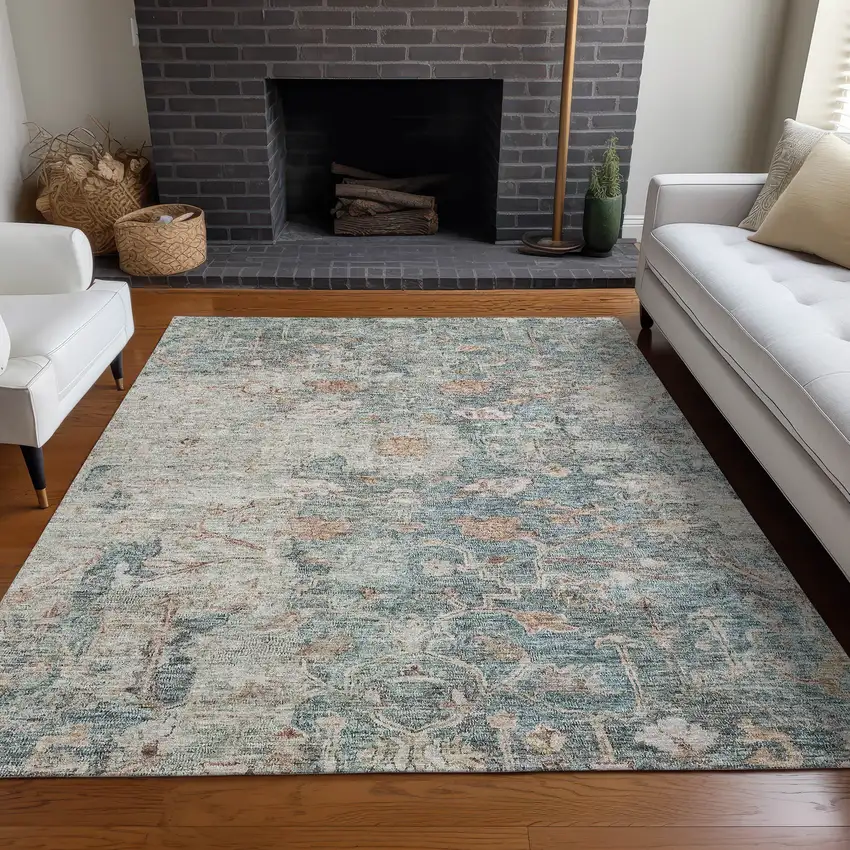 Green Gray And Copper Floral Washable Area Rug With UV Protection Photo 5