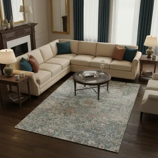 Green Gray And Copper Floral Washable Area Rug With UV Protection Photo 2