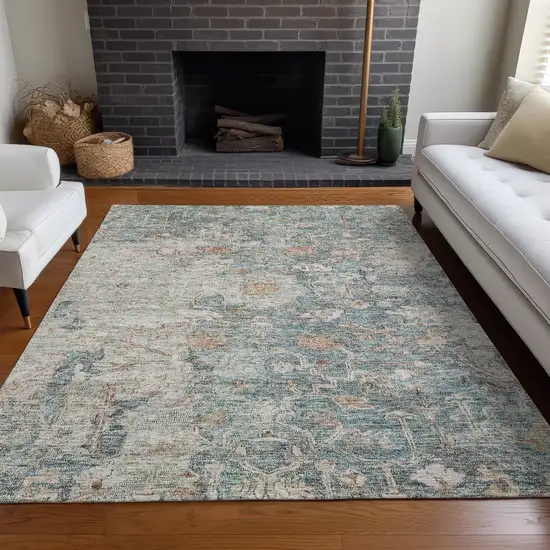 Green Gray And Copper Floral Washable Area Rug With UV Protection Photo 5