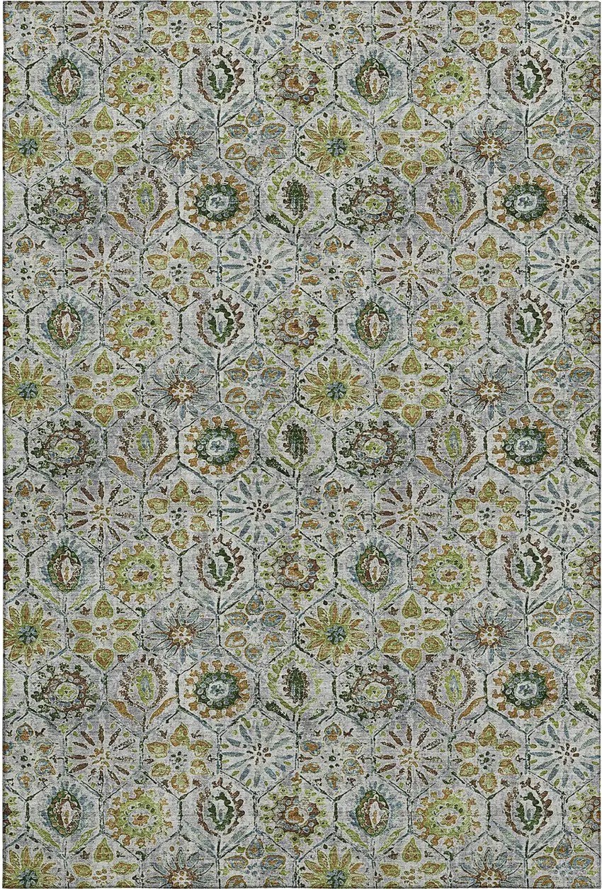 Green Gray And Copper Floral Washable Area Rug With UV Protection Photo 1