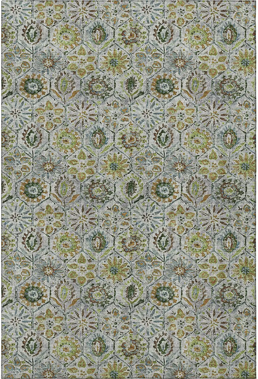 Green Gray And Copper Floral Washable Area Rug With UV Protection Photo 4