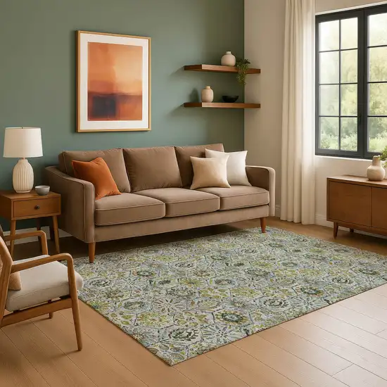 Green Gray And Copper Floral Washable Area Rug With UV Protection Photo 6