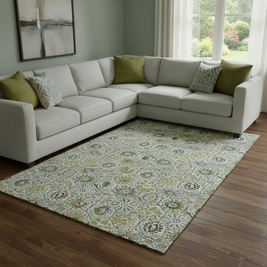 Green Gray And Copper Floral Washable Area Rug With UV Protection Photo 2