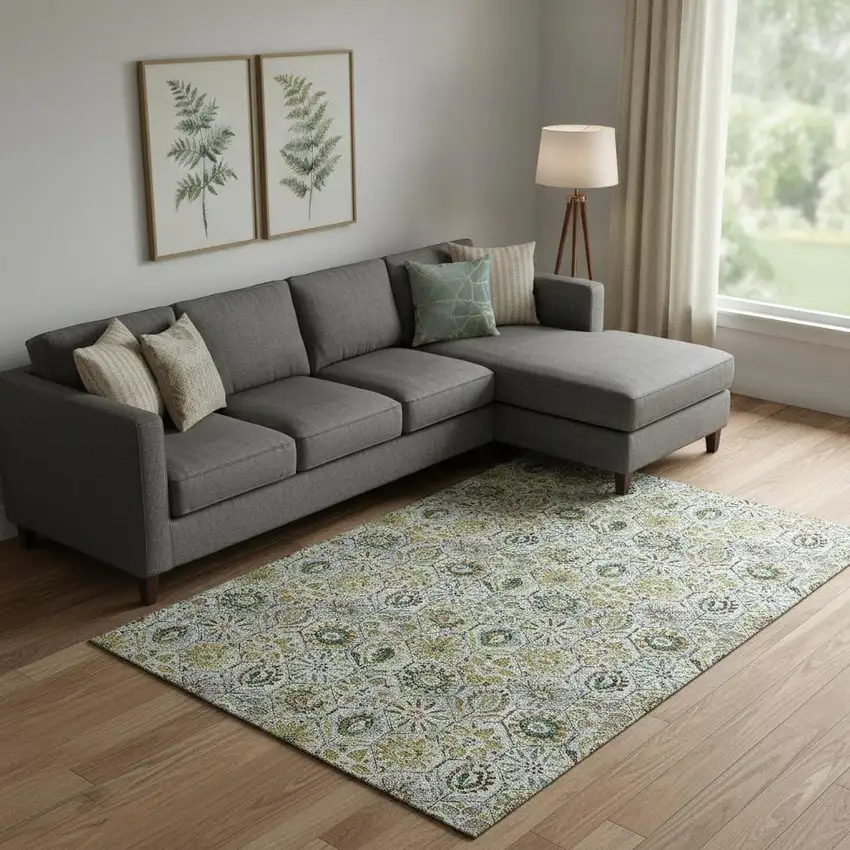 Green Gray And Copper Floral Washable Area Rug With UV Protection Photo 2