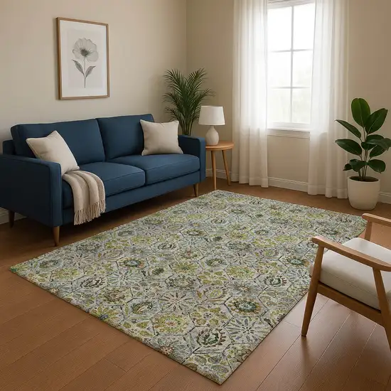 Green Gray And Copper Floral Washable Area Rug With UV Protection Photo 5