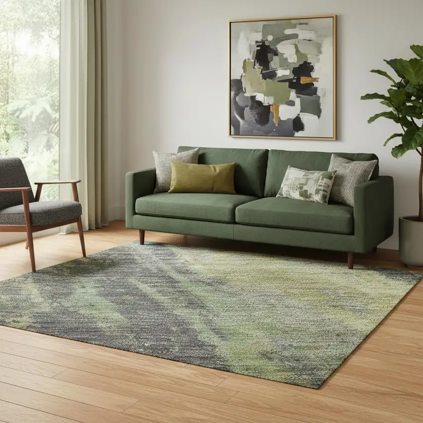 Green Gray And Gold Abstract Washable Area Rug With UV Protection Photo 2