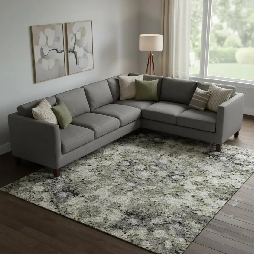 Green Gray And Gold Abstract Washable Area Rug With UV Protection Photo 2