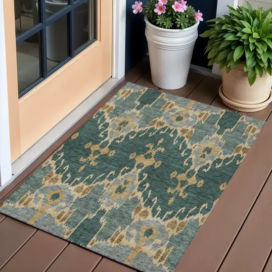 Green Gray And Gold Ikat Washable Indoor Outdoor Area Rug Photo 1