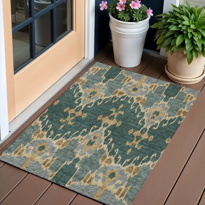 Green Gray And Gold Ikat Washable Indoor Outdoor Area Rug Photo 1