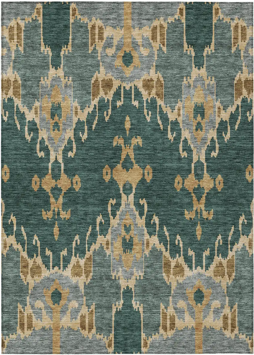 Green Gray And Gold Ikat Washable Indoor Outdoor Area Rug Photo 1