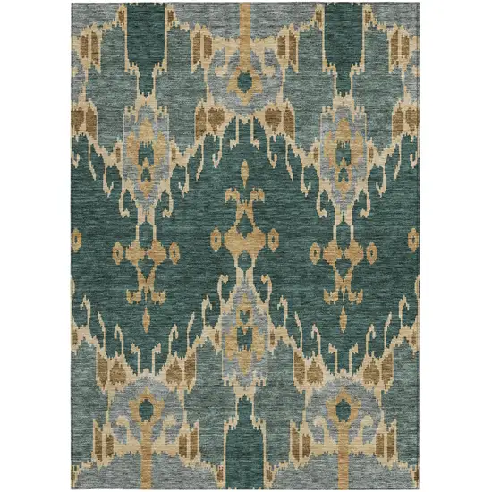 Green Gray And Gold Ikat Washable Indoor Outdoor Area Rug Photo 6
