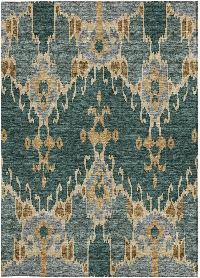 Green Gray And Gold Ikat Washable Indoor Outdoor Area Rug Photo 6
