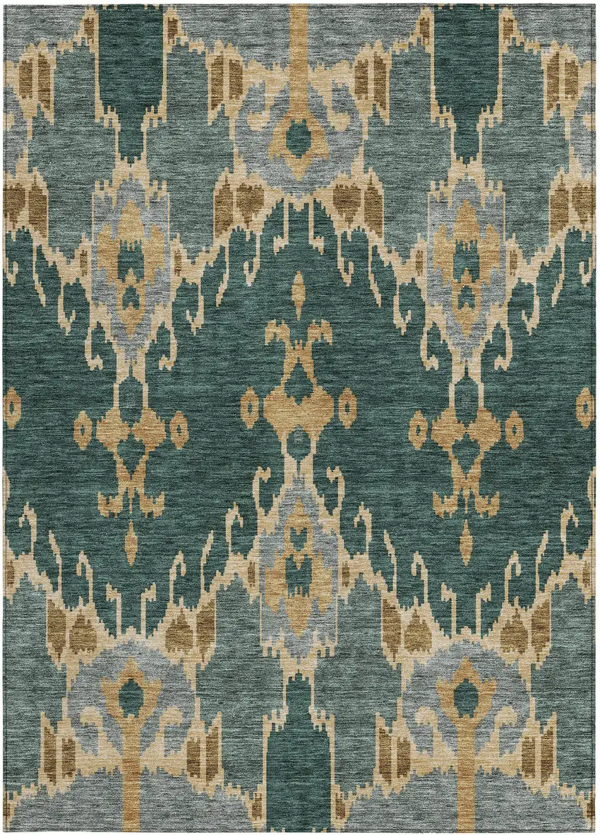 Green Gray And Gold Ikat Washable Indoor Outdoor Area Rug Photo 6