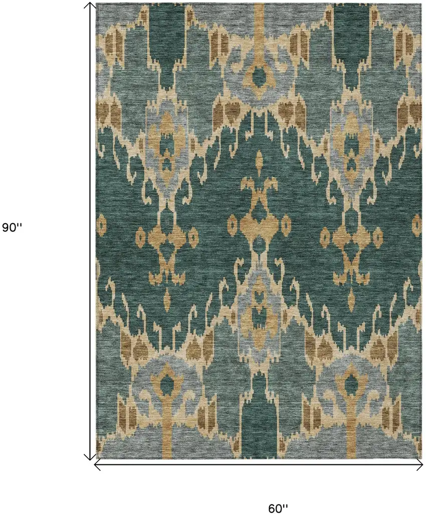 Green Gray And Gold Ikat Washable Indoor Outdoor Area Rug Photo 3
