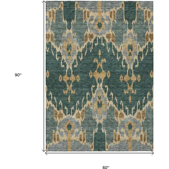 Green Gray And Gold Ikat Washable Indoor Outdoor Area Rug Photo 3