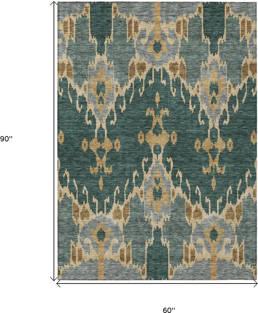 Green Gray And Gold Ikat Washable Indoor Outdoor Area Rug Photo 3