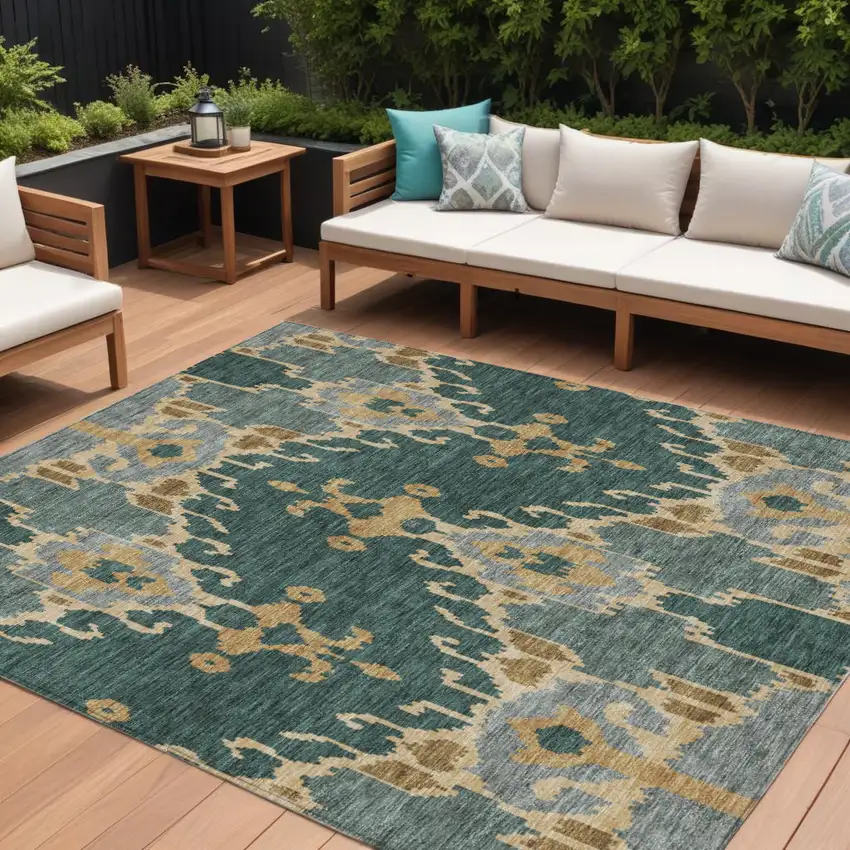 Green Gray And Gold Ikat Washable Indoor Outdoor Area Rug Photo 1